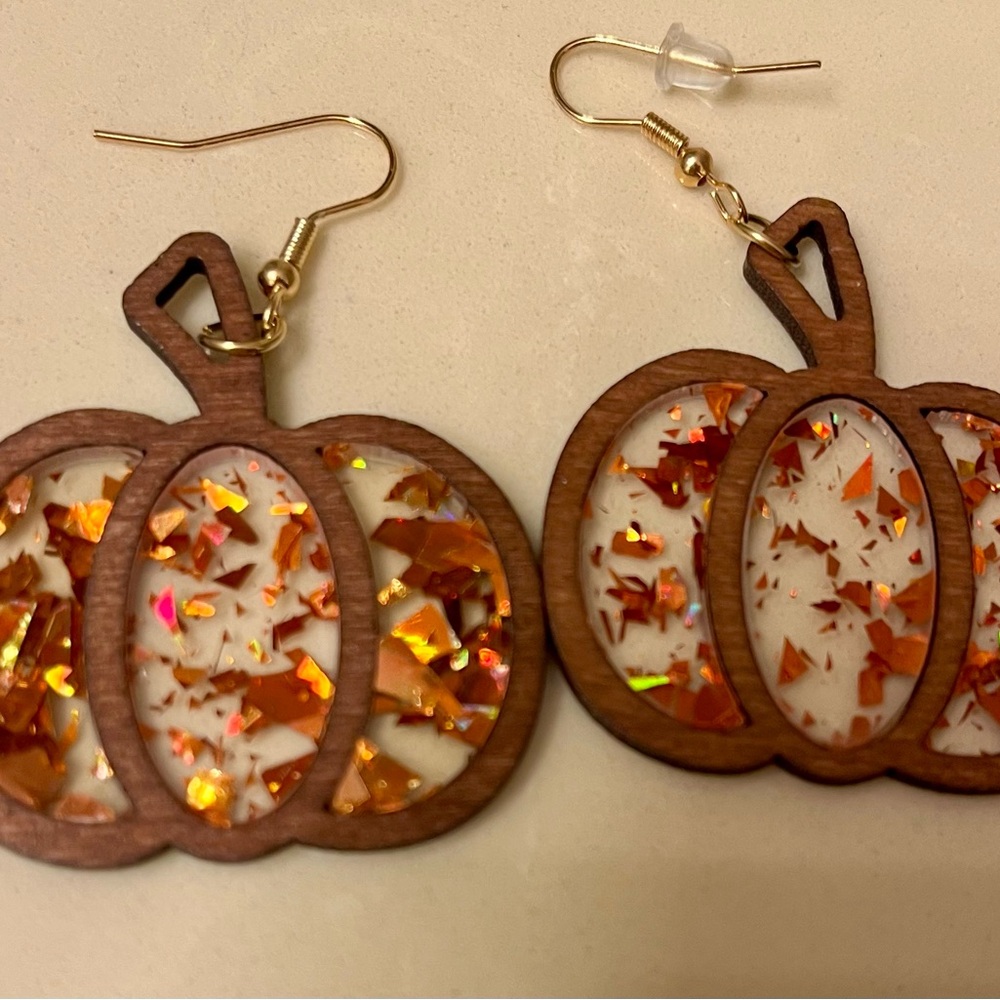 Wooden Pumpkin Earrings with Orange Accents